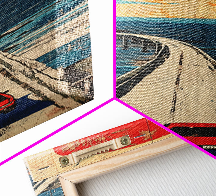 Red Car Ocean Bridge Wall Art, Retro Travel Poster Style, Japanese Coastal Decor, Long Vertical Canvas Print For Entryway