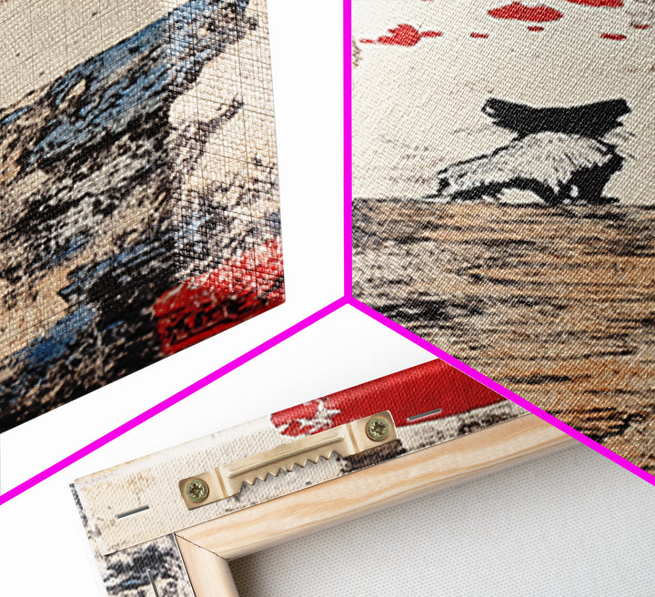 Tiny Black Cat On Cliff With Red Moon Canvas Print, Japanese Wall Art, Whimsical Animal Poster, Nursery Room Decor Unique Gift