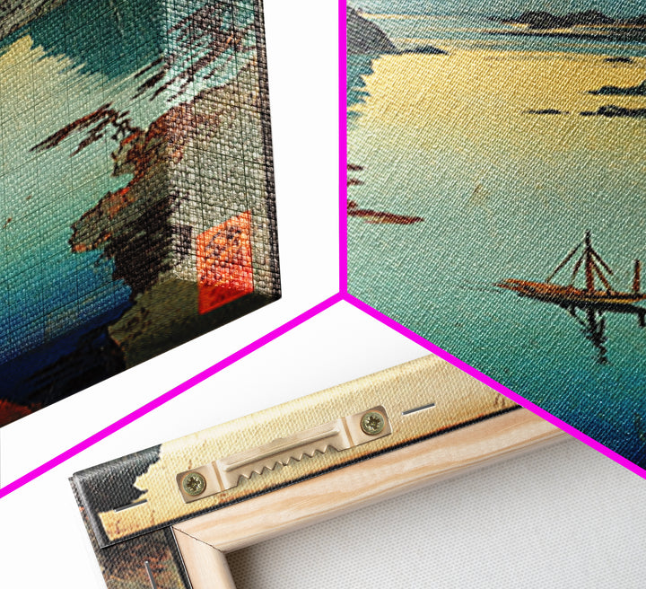 Misty Japanese River Gorge With Boats And Teal Cliffs Framed Canvas Print, Asian Landscape Art, Japandi Wall Decor, Zen Decor