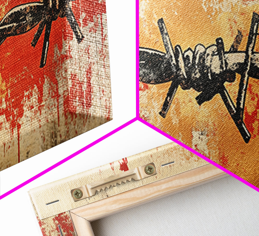 Black Barbed Wire On Red Grunge Canvas Print, Industrial Wall Decor, Edgy Abstract Art, Masculine Office Wall Art, Modern Home Decor