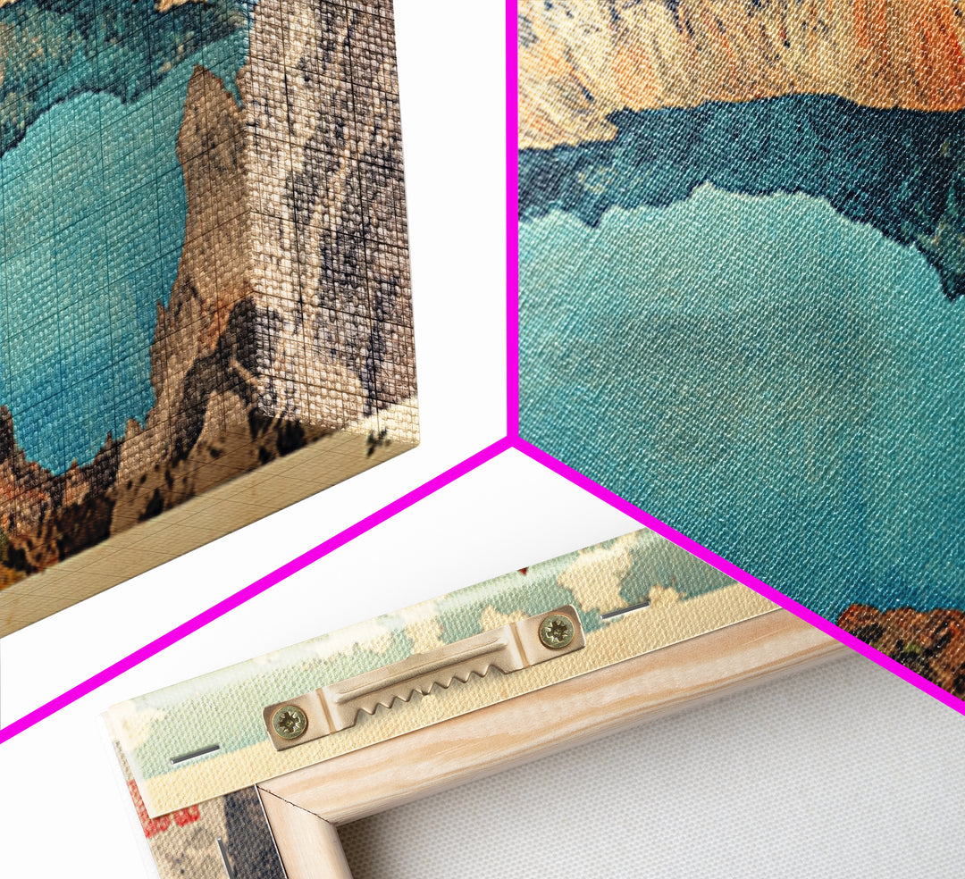 Turquoise Crater Lake And Rugged Mountain Wall Art, Japanese Landscape Print, Panoramic Canvas Art, Nature Home Decor, Large Wall Decor
