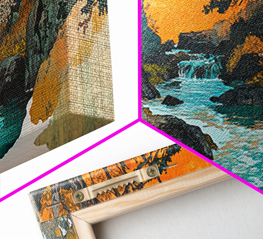 Turquoise River Through Rocky Forest Canyon Wall Art, Japanese Landscape Print, Orange Sunset Decor, Nature Canvas Art, Living Room Decor