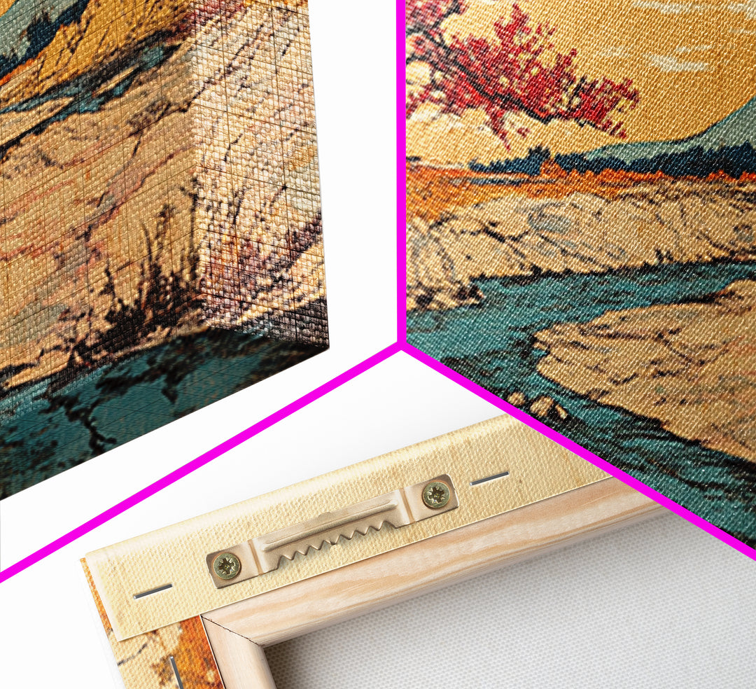 Cherry Tree Desert River Sunset Framed Canvas Print, Japanese Landscape Wall Art, Mountain Wall Decor, Rustic Home Decor