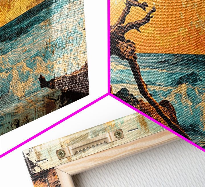 Driftwood Ocean Sunset Seascape Framed Canvas Print, Coastal Wall Art, Beach House Decor, Nautical Living Room Decor, Gift For Her