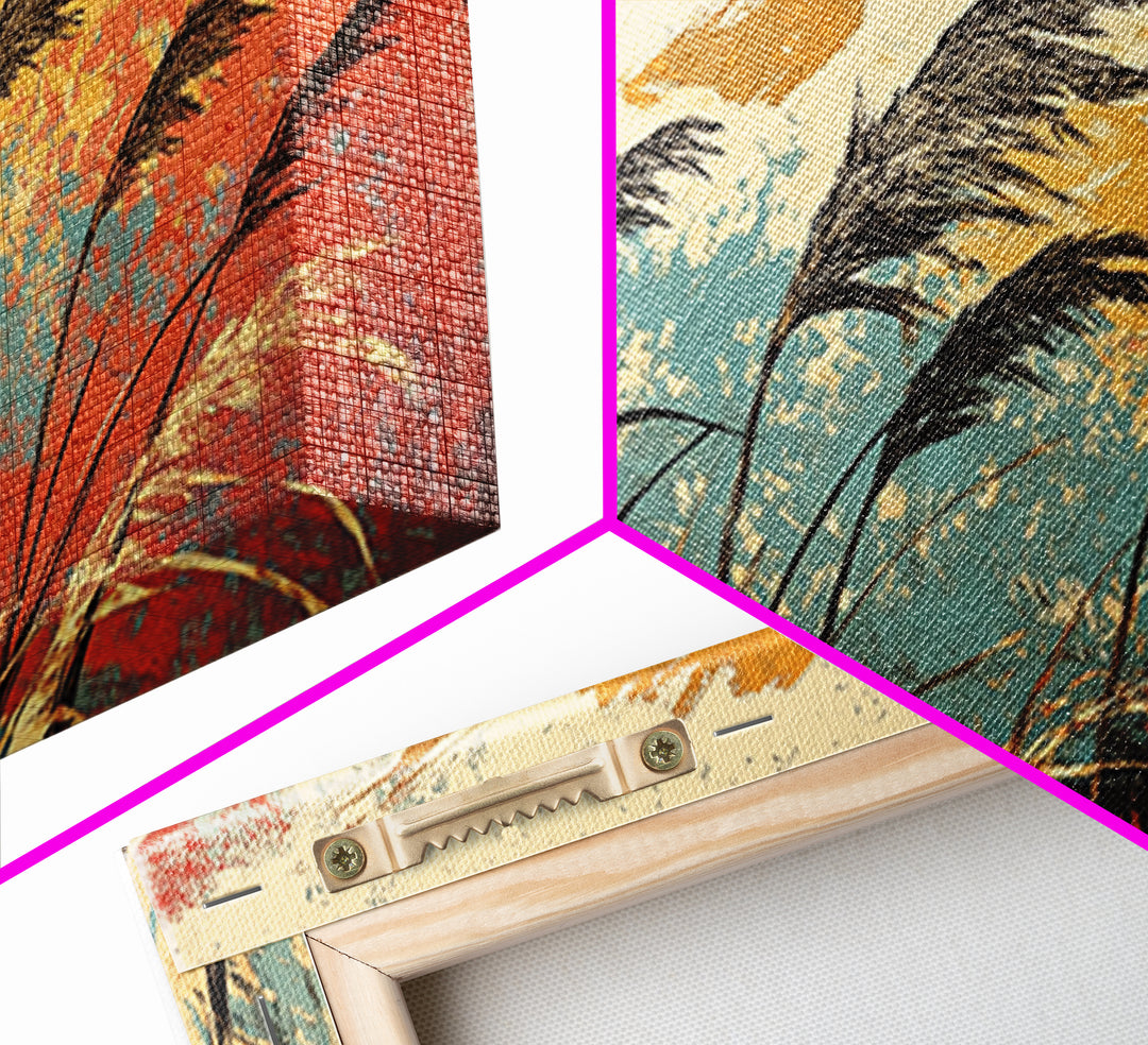 Windblown Reeds In Teal And Rust Wall Art, Japanese Inspired Abstract Landscape, Boho Living Room Decor, Large Canvas Print
