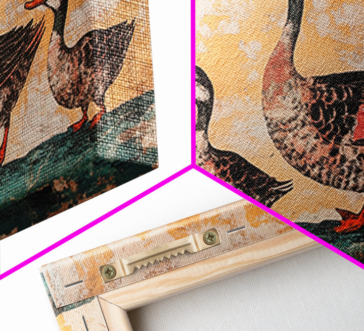 Mallard Duck Family With Red Sun Wall Art, Japanese Bird Art Print, Whimsical Animal Decor, Nursery Or Kitchen Canvas Print