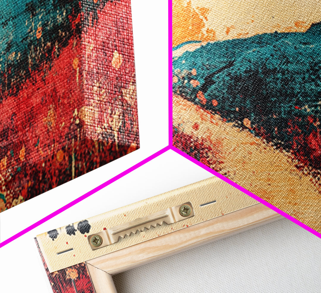 Sunlit Path Through Teal Hills Wall Art, Abstract Landscape Print, Colorful Wildflower Decor, Boho Living Room Canvas Print