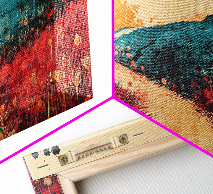 Sunlit Path Through Teal Hills Wall Art, Abstract Landscape Print, Colorful Wildflower Decor, Boho Living Room Canvas Print