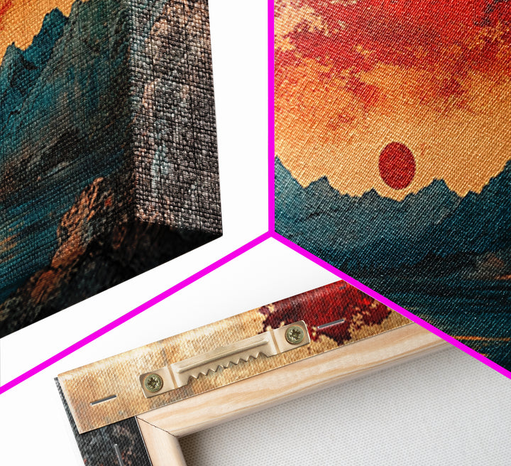 Red Sun Mountain Lake Wall Art, Japanese Landscape Print, Moody Sunset Canvas, Asian Inspired Living Room Home Decor