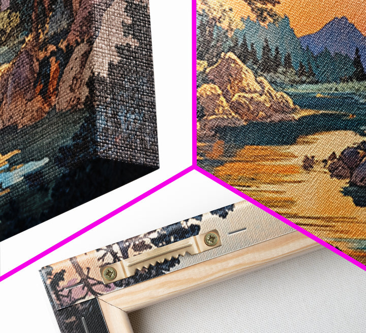 Golden River Forest Wall Art, Japanese Landscape Print, Pine Woodland Canvas, Nature Inspired Living Room Home Decor Gift
