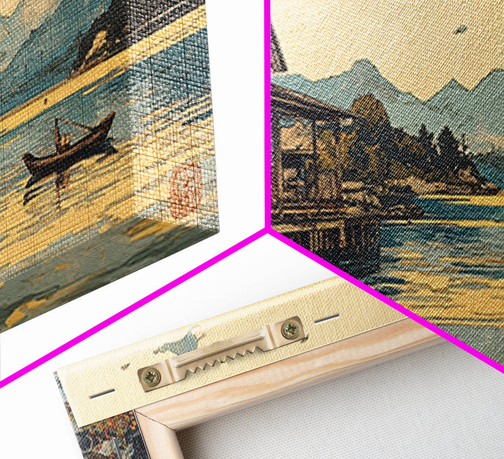 Japanese Lakeside Cabin With Boat Framed Canvas Print, Mountain Landscape Wall Art, Japandi Decor, Serene Living Room Decor