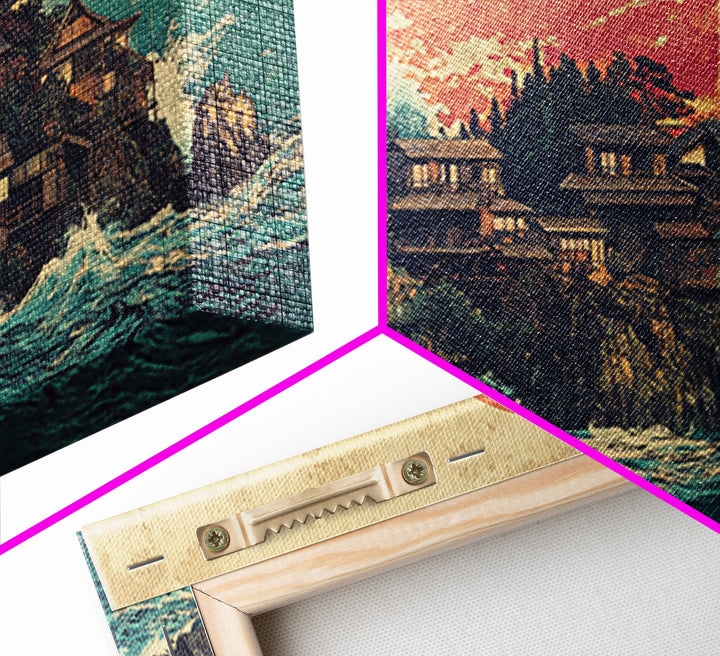 Japanese Coastal Village At Sunset Canvas Print, Ocean Wall Art, Seascape Decor, Japandi Living Room Wall Decor Gift