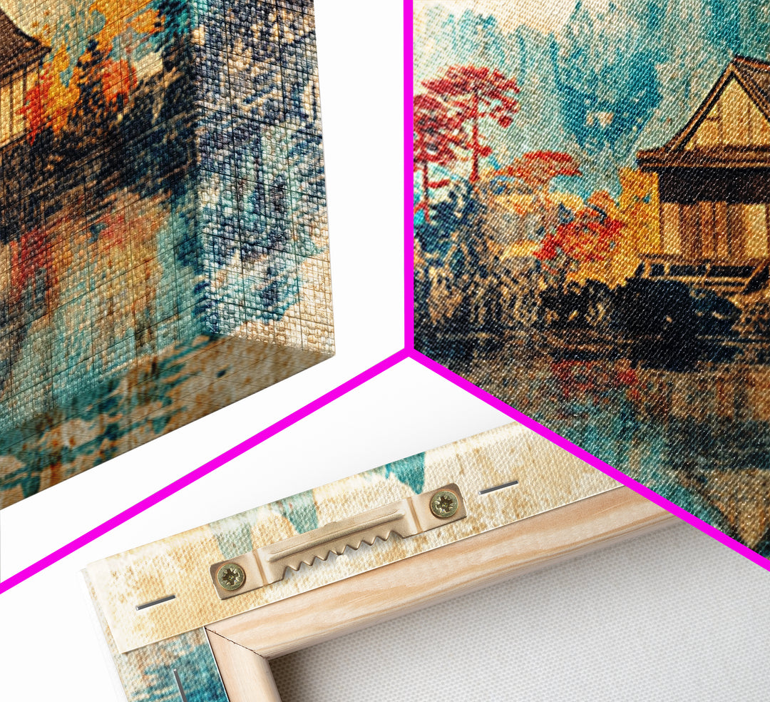 Quiet Lake House With Misty Mountains Framed Canvas Print, Japanese Landscape Wall Art, Japandi Decor, Serene Home Decor