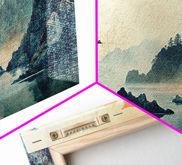 Misty Japanese Cove With Pines Canvas Print, Mountain Lake Landscape Wall Art, Serene Japandi Decor, Large Living Room Art