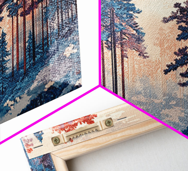 Misty Blue Pine Forest With Coral Autumn Trees Wall Art, Nature Landscape Print, Scandinavian Decor, Cozy Bedroom Wall Decor