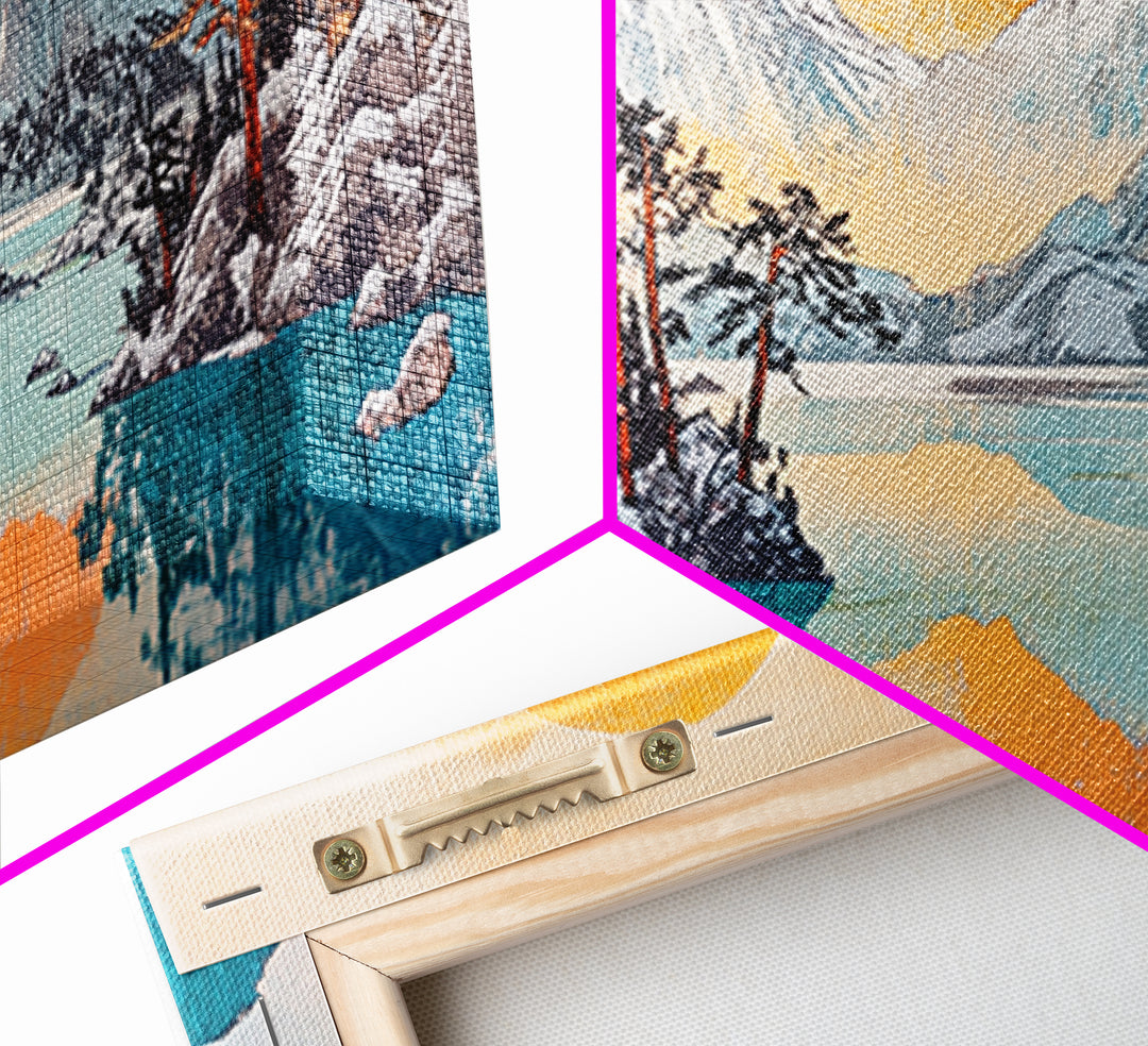 Serene Alpine Lake With Snowy Peaks And Orange Sun Framed Canvas Print, Mountain Wall Art, Japandi Nature Living Room Home Decor