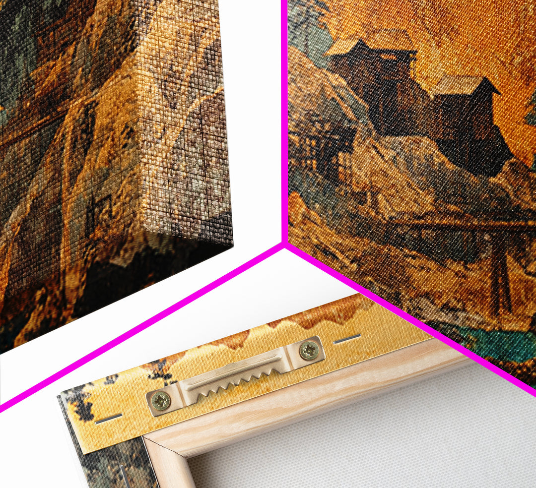 Rustic Mountain Mining Village Framed Canvas Print, Japanese Landscape Wall Art, Cabin Decor, Office Decor, Housewarming Gift