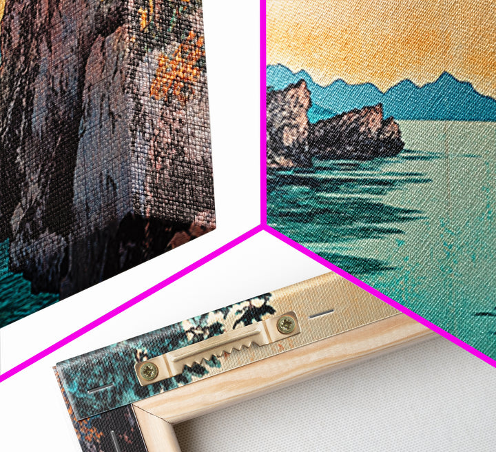 Rocky Pine Sea Inlet Framed Canvas Print, Japanese Coastal Wall Art, Autumn Landscape, Modern Living Room Decor, Home Decor