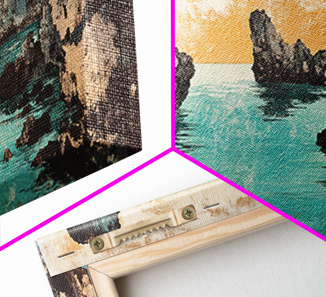 Turquoise Cove And Sailboat Wall Art, Japanese Seascape Print, Coastal Wall Decor, Panoramic Canvas Home Decor, Living Room Decor
