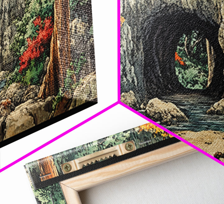 Stone Moon Gate Garden Canvas Print, Japanese Forest Stream Wall Art, Zen Home Decor, Japandi Living Room Wall Decor Art Print