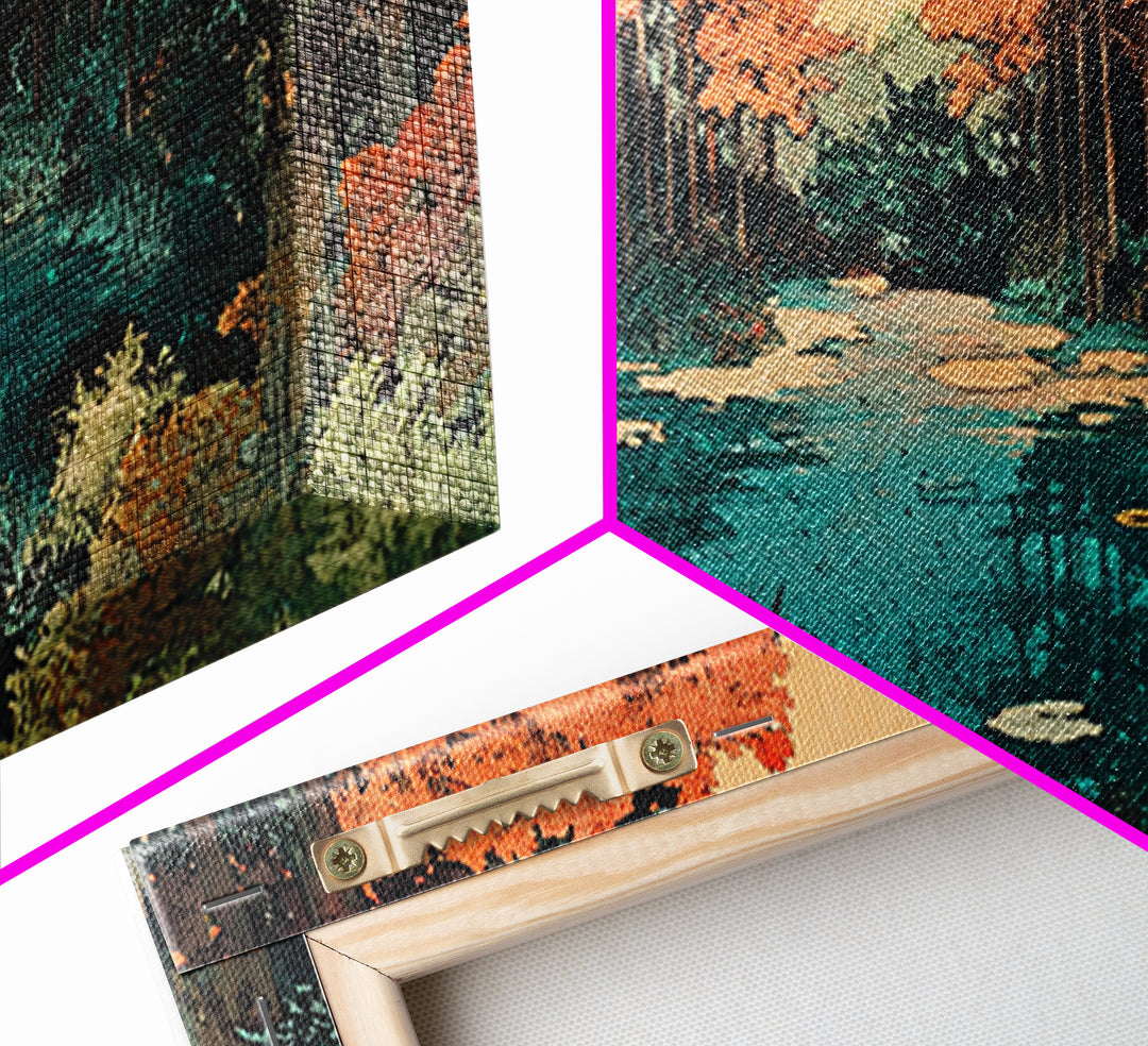 Autumn Forest Pond Canvas Print, Orange Trees And Lily Pads Wall Art, Japandi Nature Decor, Cozy Living Room Decor, Home Decor
