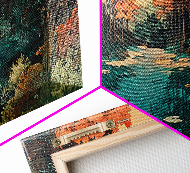 Autumn Forest Pond Canvas Print, Orange Trees And Lily Pads Wall Art, Japandi Nature Decor, Cozy Living Room Decor, Home Decor
