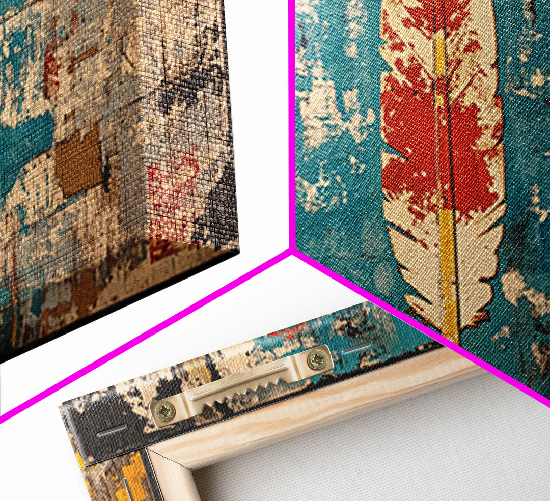 Red Feather On Turquoise Distressed Wall Art, Tribal Boho Canvas Print, Rustic Southwestern Decor, Unique Wall Decor Gift