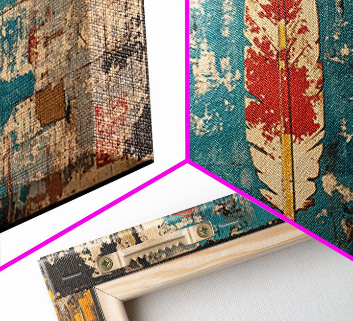 Red Feather On Turquoise Distressed Wall Art, Tribal Boho Canvas Print, Rustic Southwestern Decor, Unique Wall Decor Gift