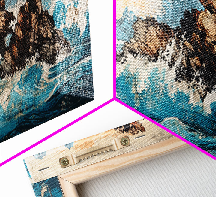 Rocky Blue Ocean Cliffs In Japanese Style Framed Canvas Print, Seascape Wall Art For Coastal Decor And Nautical Home Decor