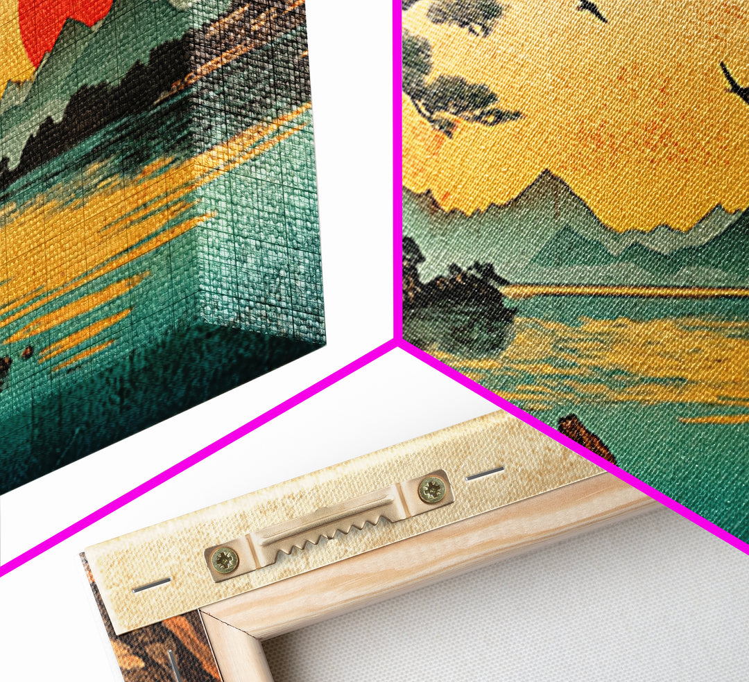 Pine Tree Sunset Over Mountain Lake Wall Art, Japanese Landscape Canvas Print For Zen Decor And Coastal Living Room Decor