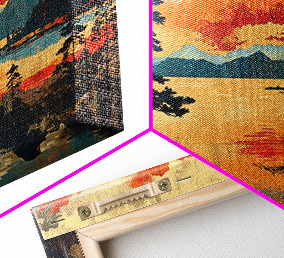 Orange Sunset Pine Lake Wall Art, Japanese Woodblock Landscape Print, Rustic Cabin Decor, Large Nature Art For Living Room