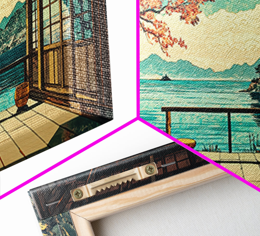 Japanese Seaside Veranda Canvas Print, Turquoise Ocean Wall Art, Zen Coastal Home Decor, Japandi Living Room Wall Decor Art
