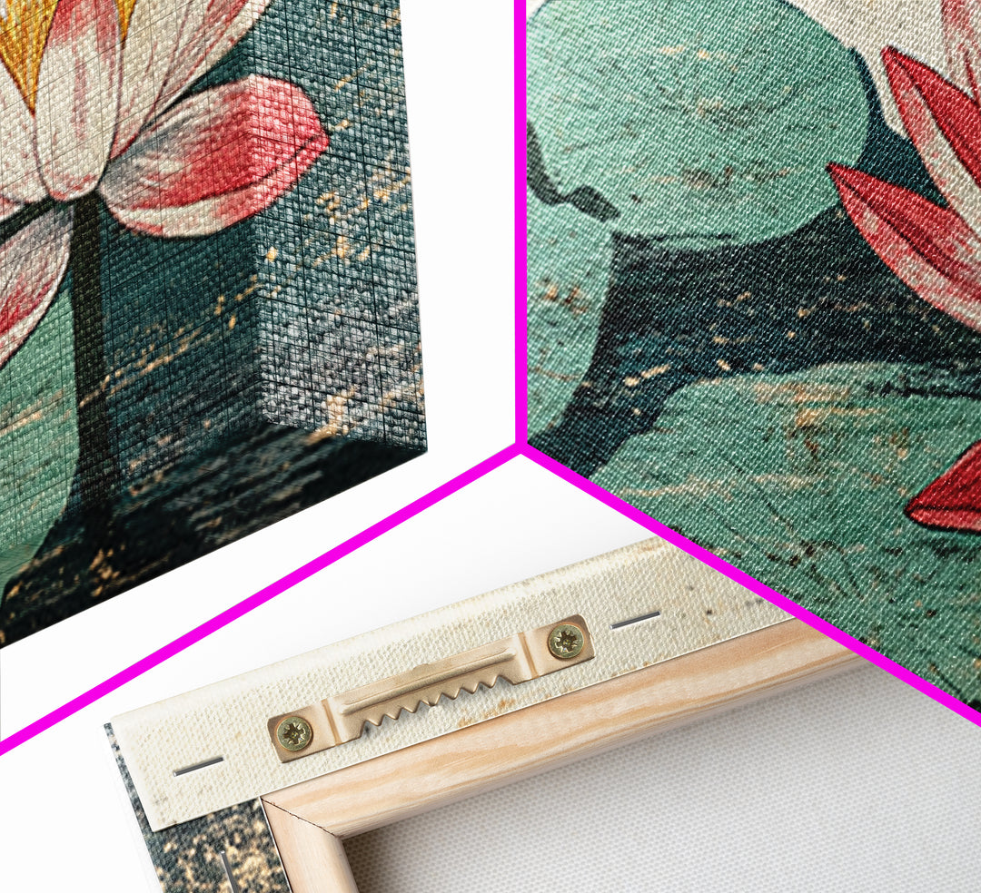 Pink Lotus Blossom And Lily Pads Canvas Print, Zen Wall Art, Botanical Wall Decor, Japandi Bathroom Art, Spa Decor Print