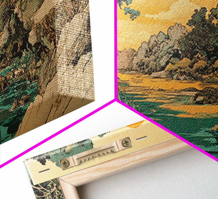Golden River Valley Landscape Wall Art, Japanese Mountain Canvas Print, Serene Nature Decor, Japandi Living Room Art Gift