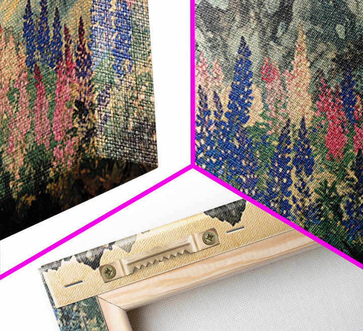 Colorful Lupine Meadow Below Ink Mountains Wall Art, Japanese Landscape Print, Botanical Home Decor, Large Living Room Wall Art