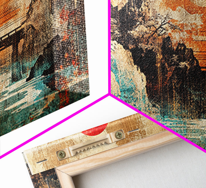 Red Sun Temple Waterfall Over Mountain Lake Wall Art, Japanese Landscape Canvas Print, Asian Zen Decor, Large Living Room Art