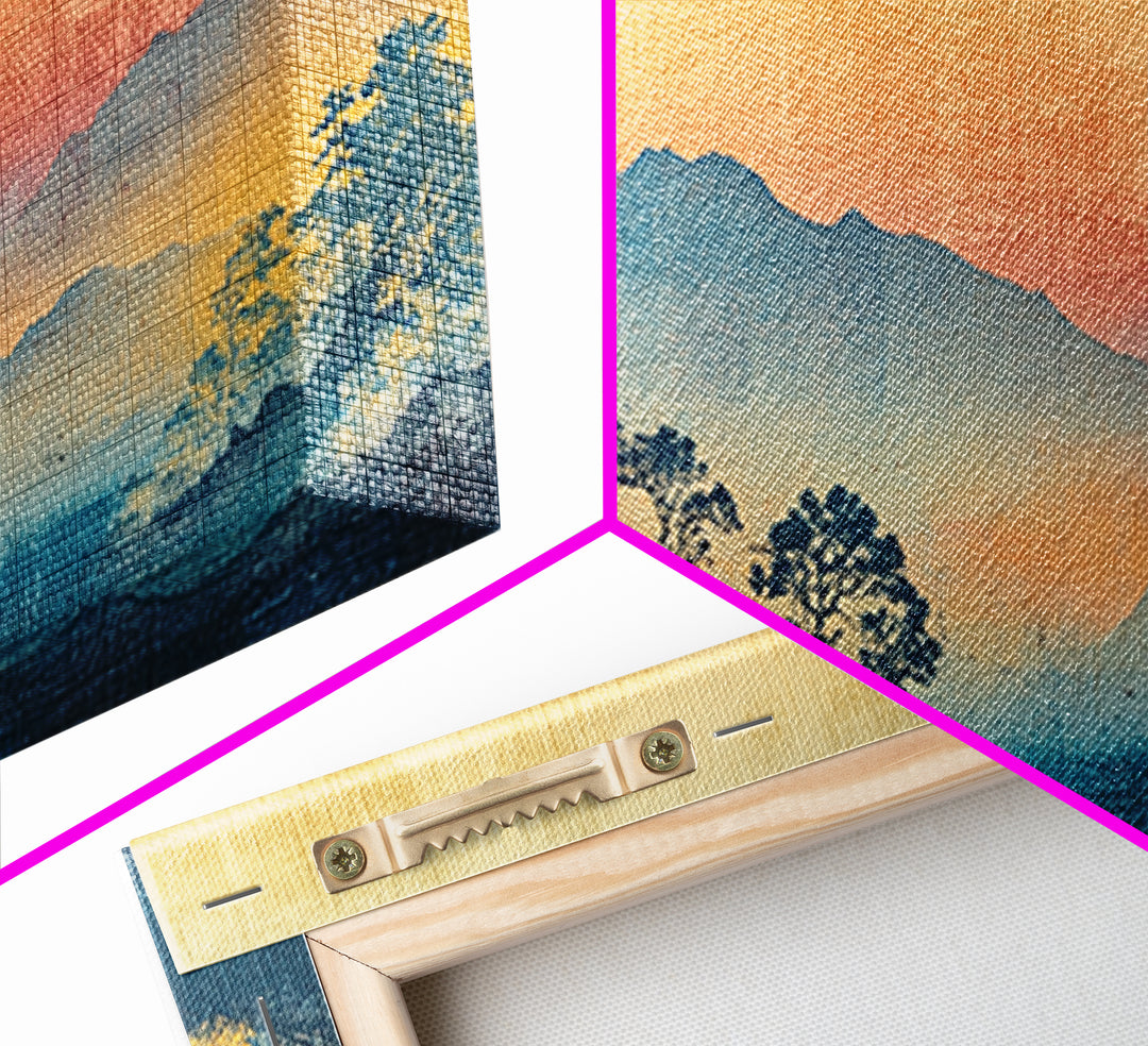 Misty Blue Mountains With Pink Sun Wall Art, Japanese Landscape Canvas Print, Minimalist Nature Decor, Large Bedroom Art