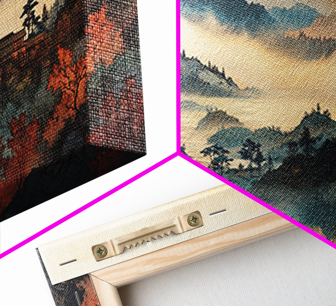 Misty Autumn Mountain Village Wall Art, Japanese Landscape Canvas Print, Moody Nature Home Decor, Large Living Room Wall Art