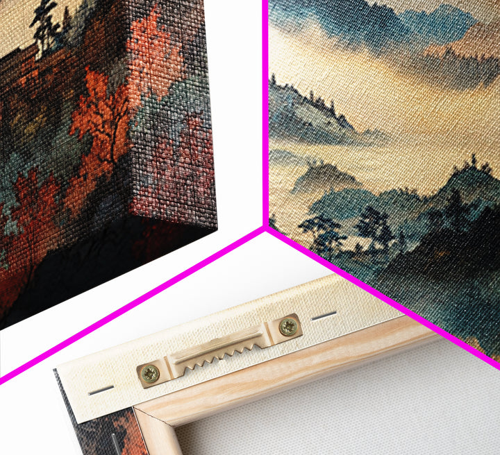 Misty Autumn Mountain Village Wall Art, Japanese Landscape Canvas Print, Moody Nature Home Decor, Large Living Room Wall Art