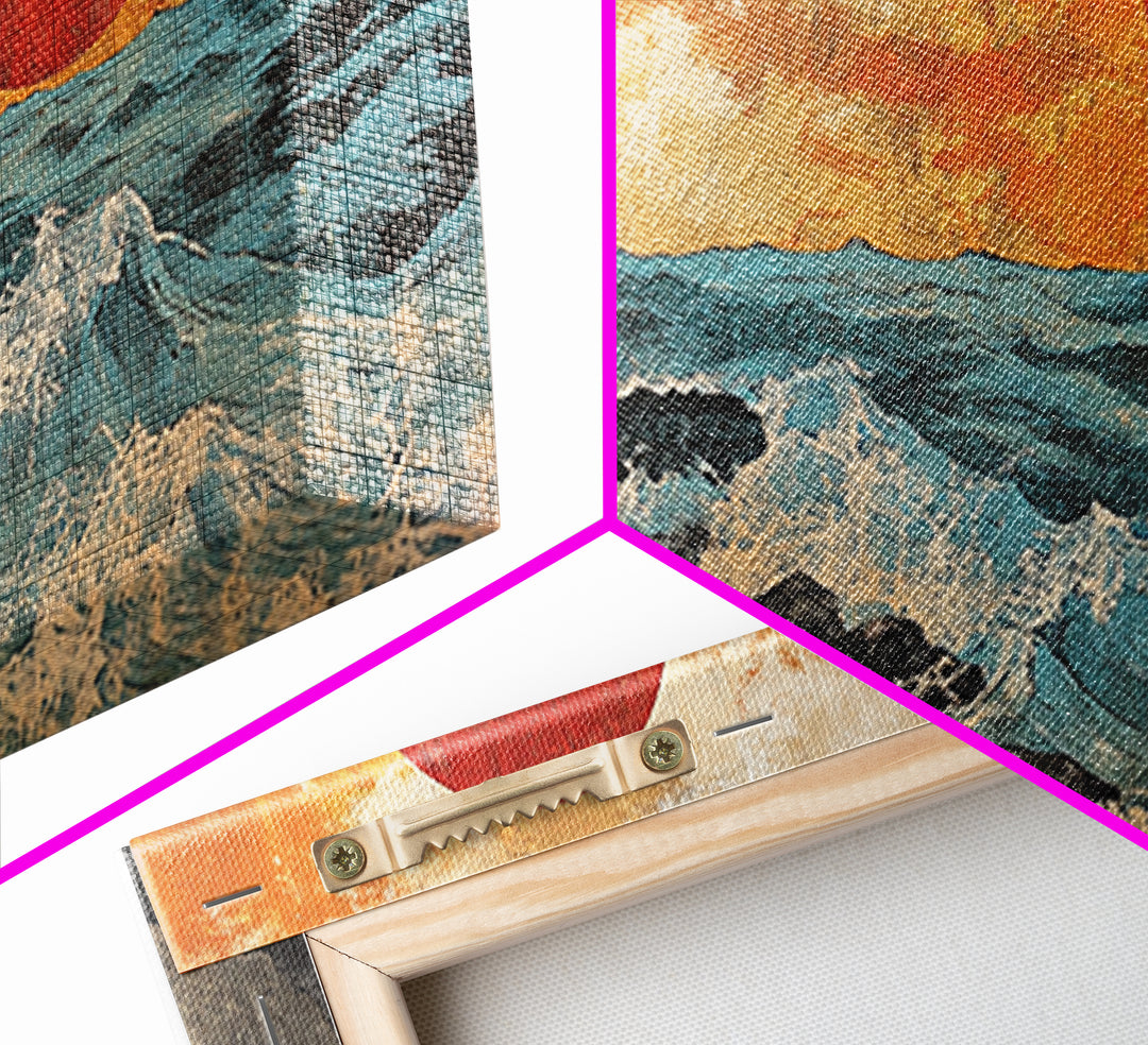 Rocky Ocean Red Sun Seascape Wall Art, Coastal Canvas Print, Japanese Style Wave Decor, Beach House Living Room Housewarming Gift