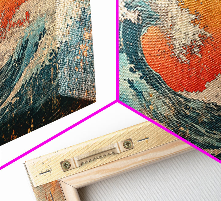 Curling Turquoise Wave, Orange Sky Canvas Print, Japanese Ocean Wall Art, Coastal Bathroom Decor, Beach House Gift, Living Room Decor