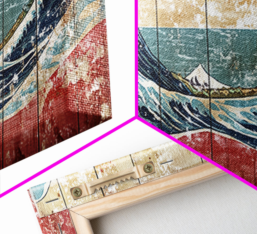 Great Wave Wood Panel, Mount Fuji Framed Canvas Print, Japanese Wall Art, Coastal Decor, Large Horizontal Living Room Art
