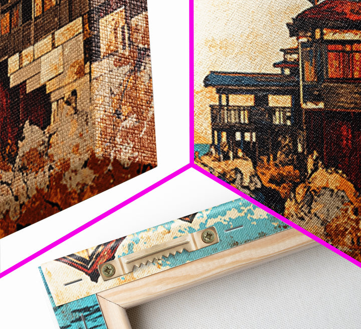 Japanese Seaside Ryokan, Sunset Architecture Wall Art, Coastal Canvas Print, Asian Decor, Ocean View Living Room Decor, Housewarming Gift