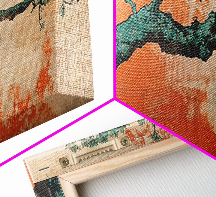 Twisted Pine Branch Wall Art, Japanese Botanical Canvas Print, Orange Teal Nature Decor, Japandi Living Room Wall Decor Gift