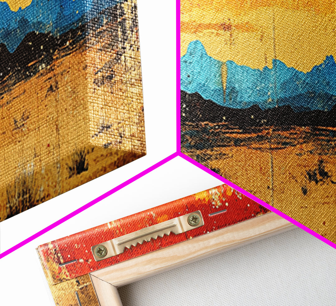 Blue Desert Mountain Wall Art, Fiery Sunset Landscape Canvas Print, Southwest Modern Decor, Above Sofa Wall Decor Gift Idea