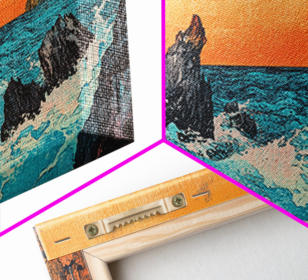 Rocky Ocean Sunset Seascape Wall Art, Japanese Coastal Canvas Wall Art, Beach House Decor, Large Horizontal Print, Ocean Wall Decor