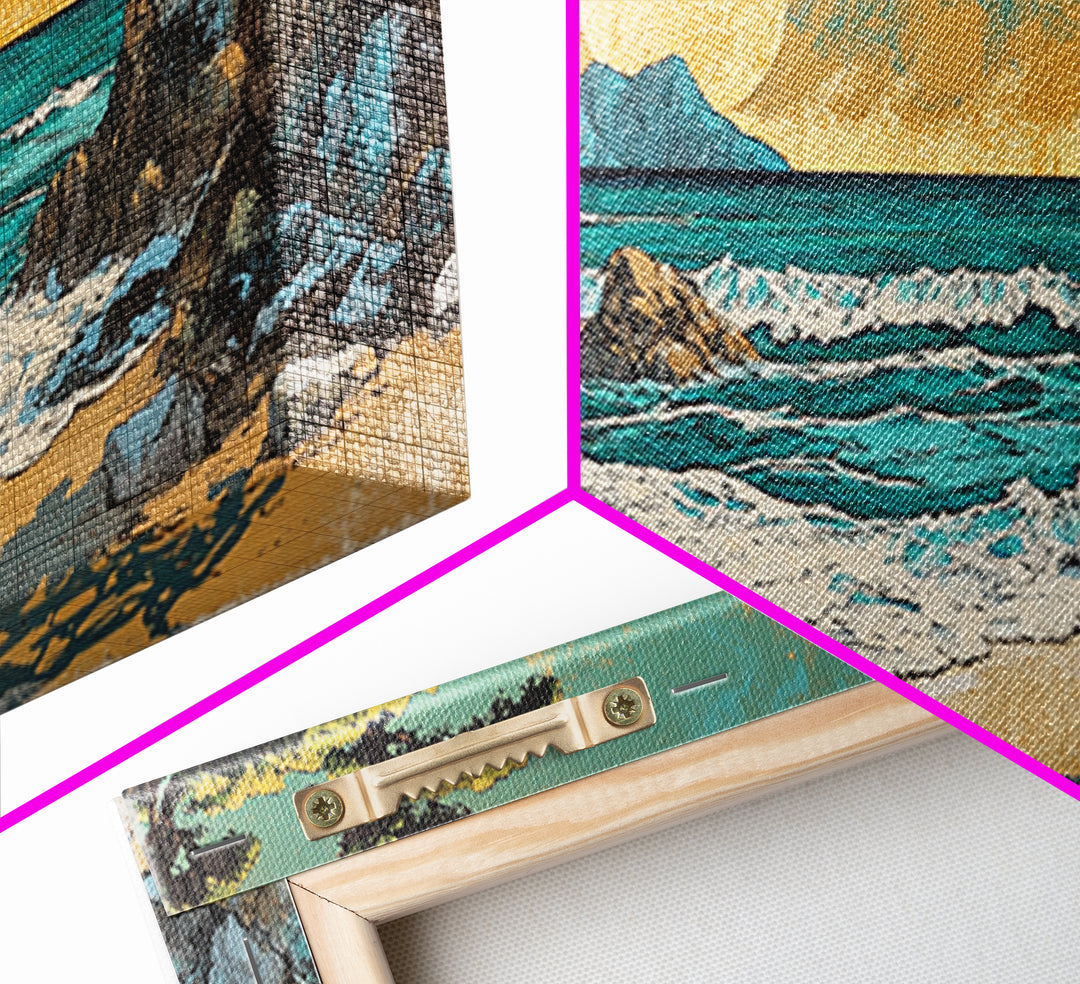 Rocky Cove Sunset Beach Wall Art, Japanese Coastal Landscape Art, Ocean Waves Canvas Print, Beach House Decor, Large Wall Art