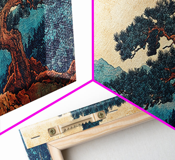 Ancient Pine Mountain Landscape Wall Art, Japanese Nature Canvas Print, Blue Forest Decor, Japandi Wall Art, Large Horizontal Print