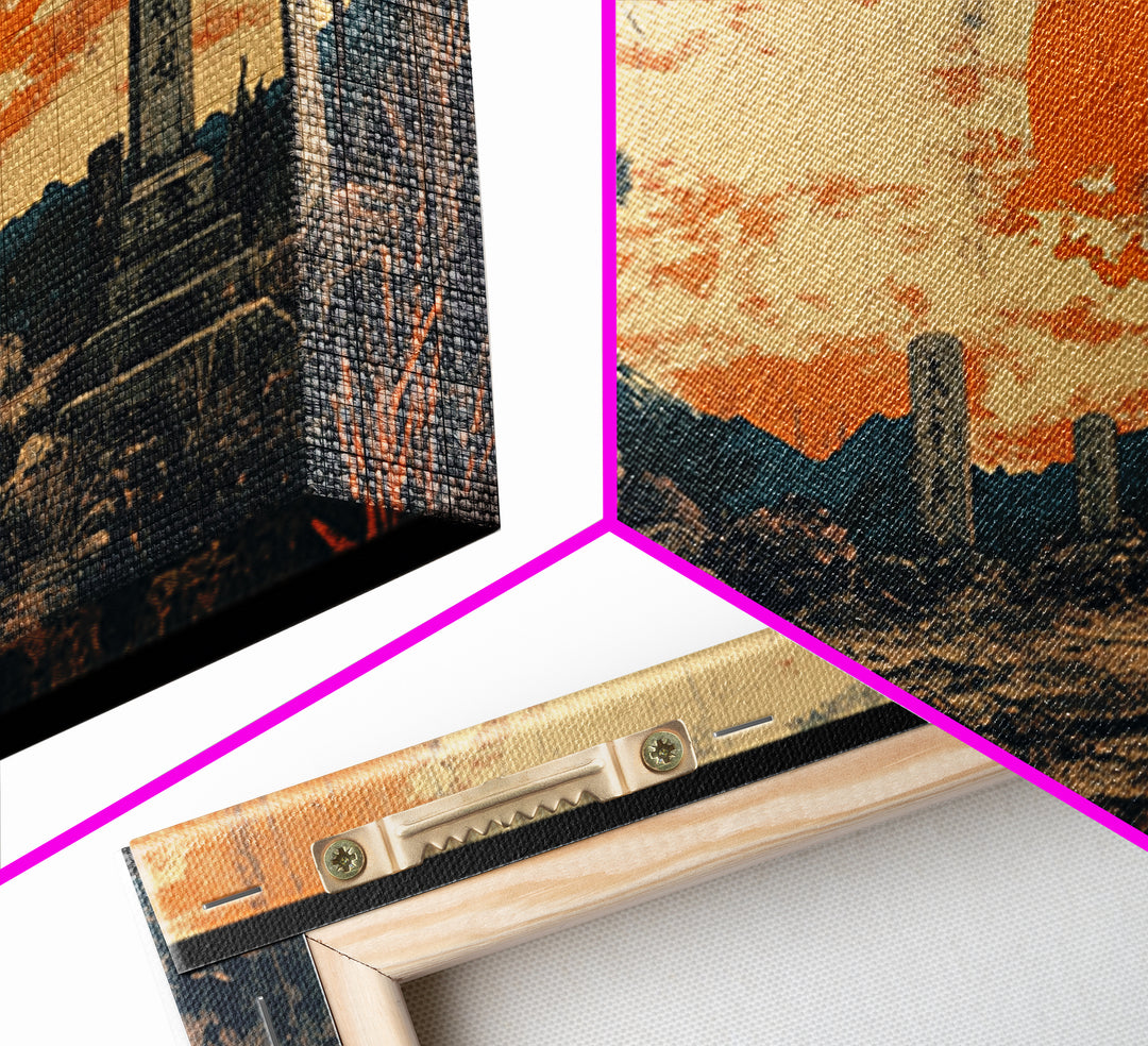 Moody Graveyard Sunset Wall Art, Japanese Cemetery Landscape, Dark Academia Canvas Print, Gothic Decor, Large Horizontal Art