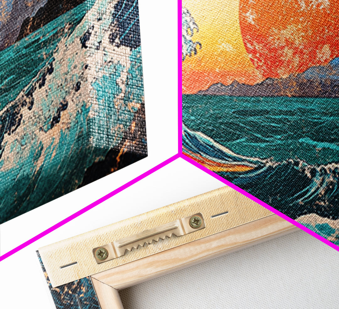Great Wave With Orange Sun Canvas Print, Japanese Ocean Wall Art, Coastal Landscape Decor For Living Room Above Sofa Housewarming Gift